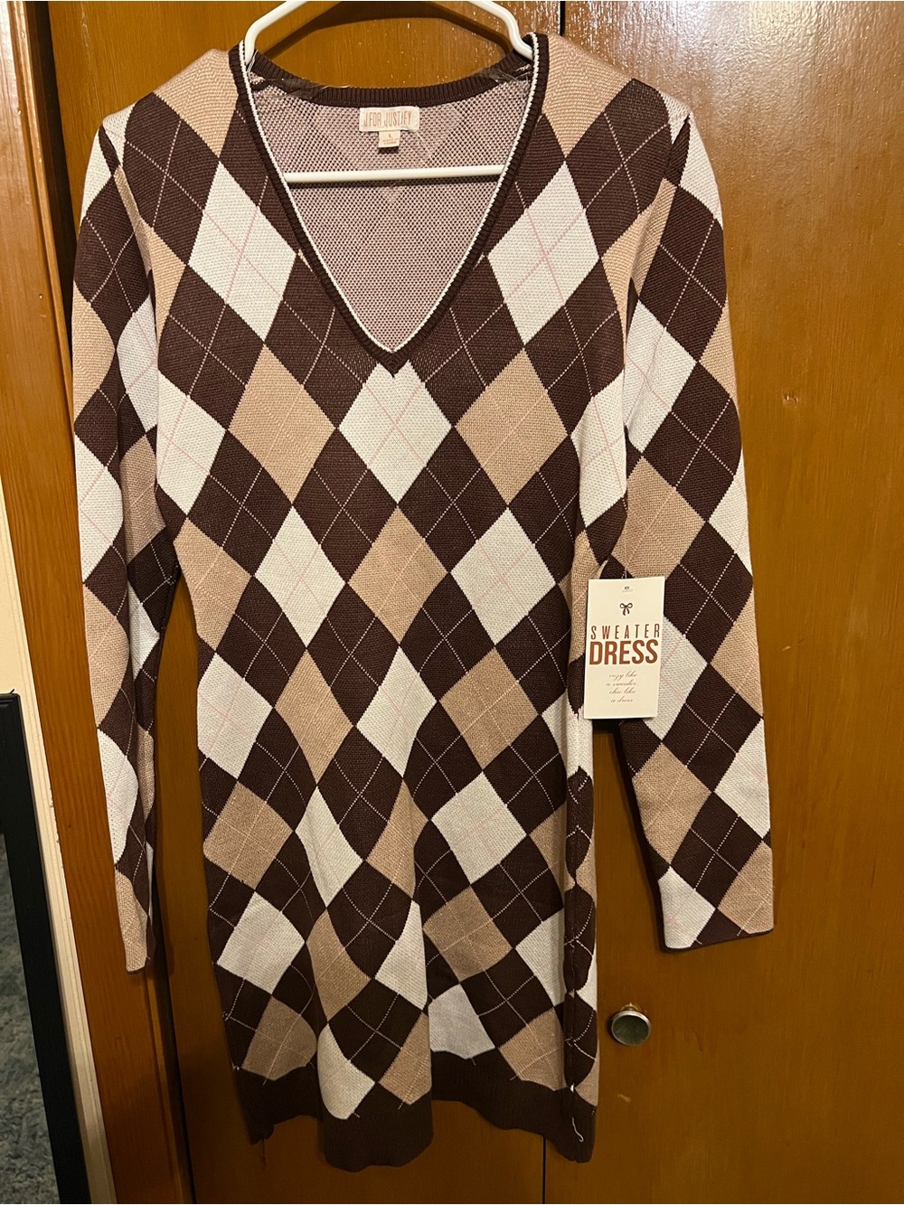 Justify Argyle V-Neck Sweater Dress - Brown & Cream